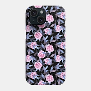 Roses with blue leaves. Dark floral pattern Phone Case