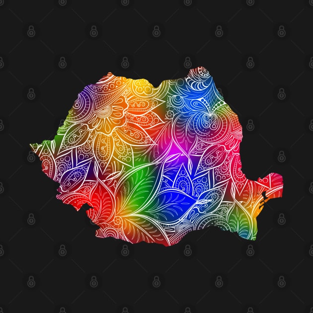 Colorful mandala art map of Romania with text in multicolor pattern by Happy Citizen