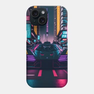 Dark Neon Sports Car in Japanese Neon City Phone Case