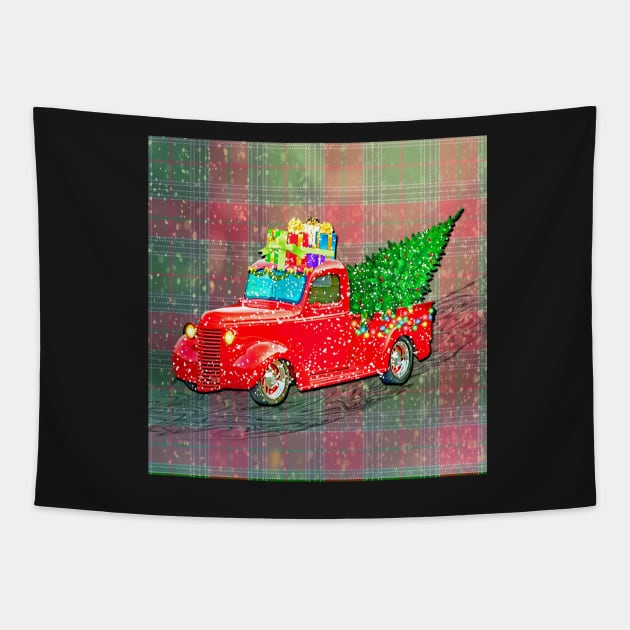 Christmas Plaid Graphic with Red Truck hauling Wrapped Presents in the Snow Cute Farmhouse Home Décor Gift Tapestry by tamdevo1