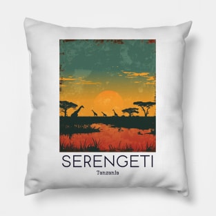 A Vintage Travel Illustration of Serengeti National Park - Tanzania Pillow