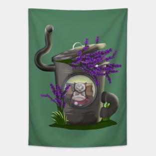 Cozy cat house. Cute cat with cup tea by the window Tapestry