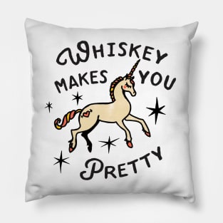 Whiskey Makes You Pretty: Funny Unicorn Alcohol Art Pillow