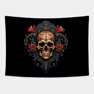 Eternal Beauty: Skull and Rose Illustration in Rococo Realms Tapestry