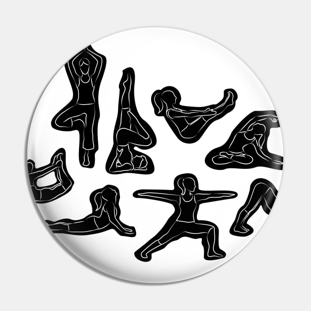 yoga Asanas - Black and White Pin by XOOXOO