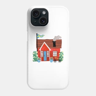 Swedish Summer Cottage with Flags - Midsommar Stuga - Pink Background Phone Case