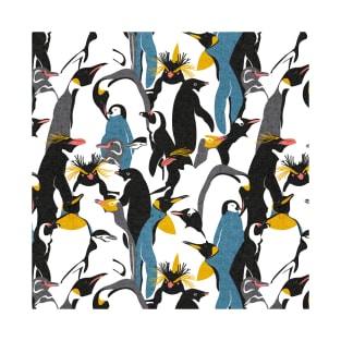 We love penguins // black white grey dark teal yellow and coral type species of penguins (King, African, Emperor, Gentoo, Galápagos, Macaroni, Adèlie, Rockhopper, Yellow-eyed, Chinstrap) T-Shirt