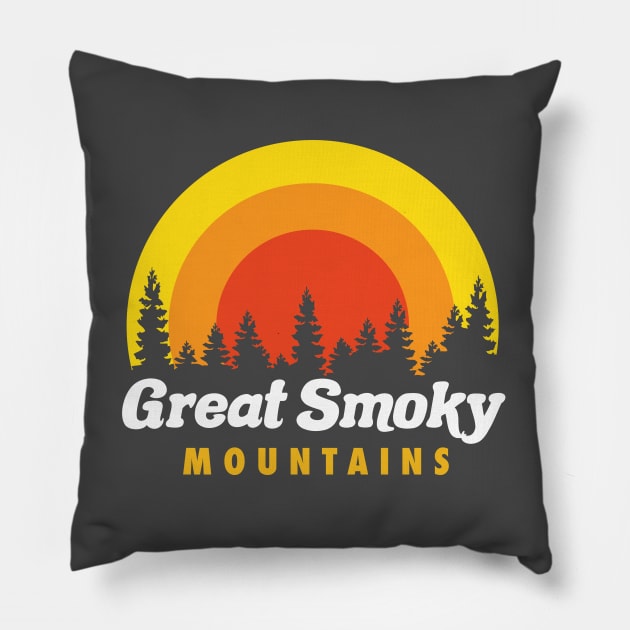 Great Smoky Mountains Retro Trees Sunset Pillow by PodDesignShop