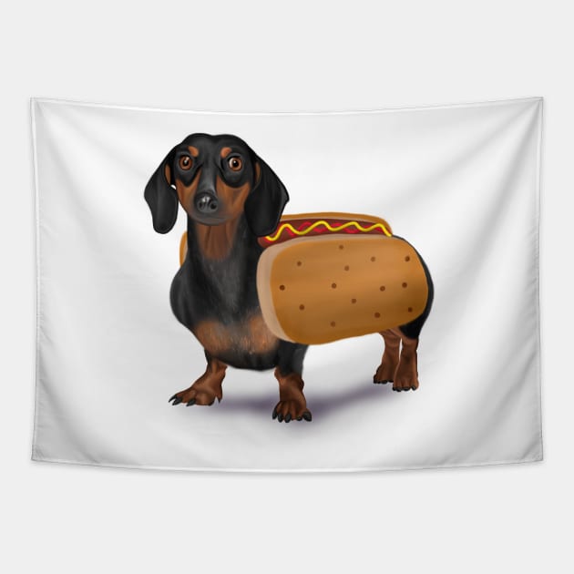 Halloween Wiener Dog Dachshund Hot Dog Costume Drawing Tapestry by simonescha