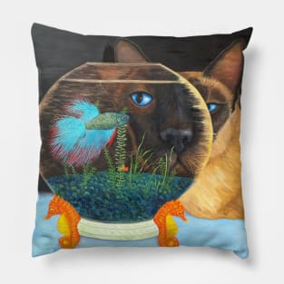 Siamese Cat Looking Through a Fishbowl at a Betta Fish. Pillow