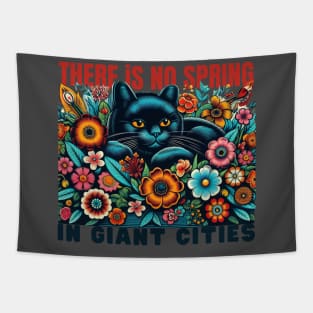A black cat sitting in a basket  of bright flowers wondering about spring Tapestry