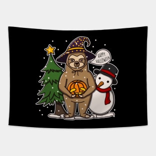 Funny Sloth Celebrates Halloween But On Christmas Tapestry