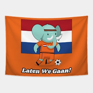 ⚽ Netherlands Football, Cute Elephant Kicks Ball, Laten We Gaan! Tapestry