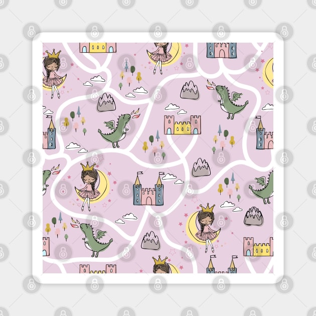 Childish seamless pattern with princess and dragon pink background Magnet by Arch4Design