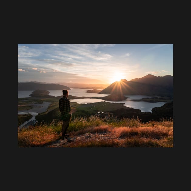 Man Overlooking Sunrise Lake Wanaka New Zealand by Danny Wanders