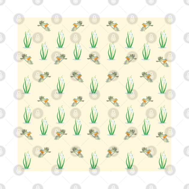 Robin Birds and Snowdrops Pattern on beige Background by Julia Doria Illustration