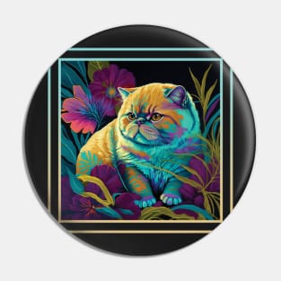Hungry Exotic Shorthair Cat Floral Vibrant Tropical Digital Oil Painting Portrait Pin