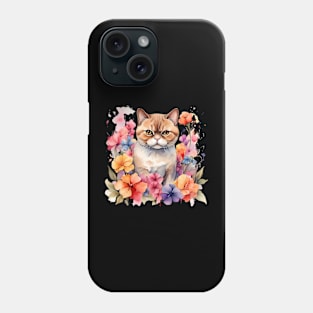 An exotic shorthair cat decorated with beautiful watercolor flowers Phone Case