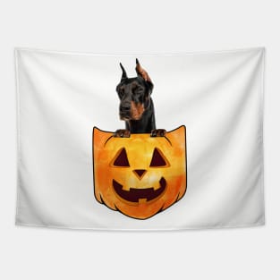 Dobermann Dog In Pumpkin Pocket Halloween Tapestry