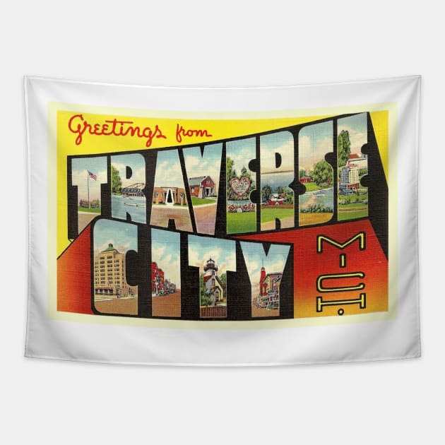 Greetings from Traverse City Michigan, Vintage Large Letter Postcard Tapestry by Naves