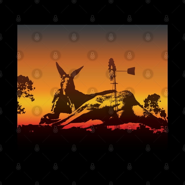 The Australian Native Animal Series: Kangaroo - The Iconic Marsupial & Bush Windmill with the Sunset Colors of Golden Hour by karenmcfarland13