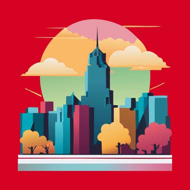 t-shirt design, colorful city skyline with buildings and clouds, vector art by goingplaces