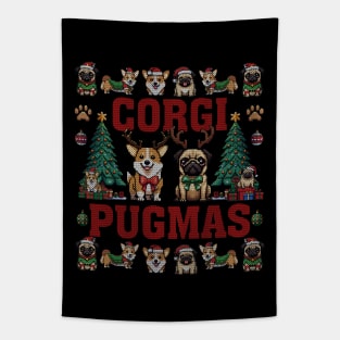 Dog Lover Corgi Pug Corgi Pugmas Merry Christmas Dog Ugly Christmas Sweater Party Tapestry