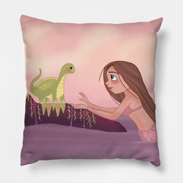 Mermaid and dinosaur Pillow by midnightfirefliesart