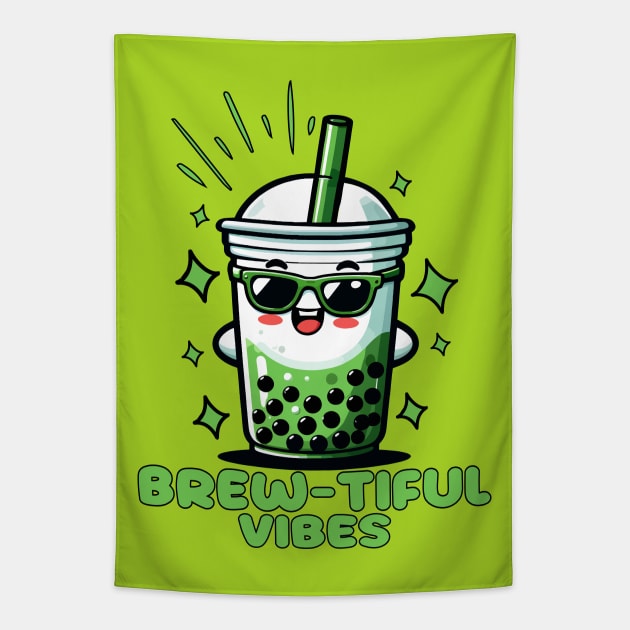 Brew-tiful Vibes: My Boba Green Tea Obsession Tapestry by chems eddine