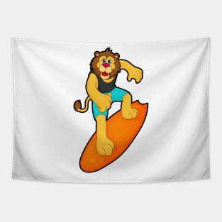 Lion as Surfer with Surfboard Tapestry