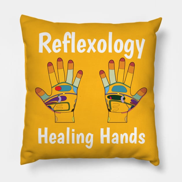 Reflexology Healing Hands (white text) (hand map) Pillow by Balanceandharmonyforreflexologists