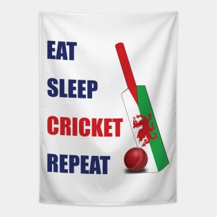 Eat Sleep Cricket Repeat Wales Flag Cricket Bat Tapestry