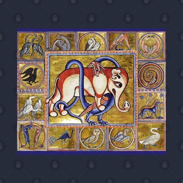 MEDIEVAL BESTIARY COMBAT, DRAGON AND ELEPHANT, FANTASTIC ANIMALS IN GOLD RED BLUE COLORS by BulganLumini