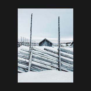 Wooden Fence and Cabin in Beautiful White Norwegian Winter Landscape T-Shirt