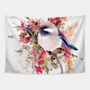 Chickadee and Flowers Tapestry