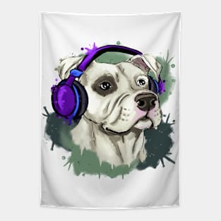 Cute, Dogo Argentino with headphones Tapestry