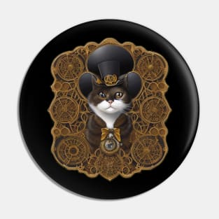 Steampunk Cat in a Top Hat with Gear-filled Background Pin