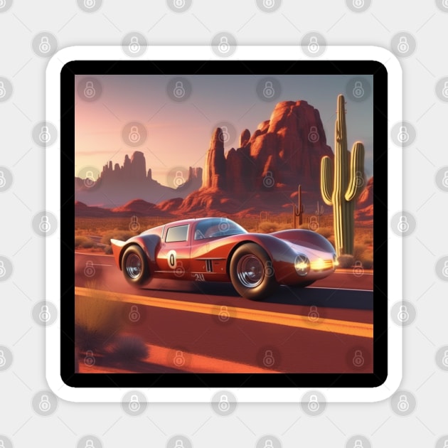 A Retro-Futuristic Racing Car Travelling Through The Arizona Desert At Dusk. Magnet by Musical Art By Andrew