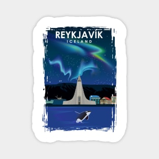 Reykjavik Iceland northern lights Travel Poster Magnet