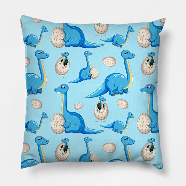 cute blue cartoon dinosaur pattern with baby dinosaur in egg Pillow by pickledpossums