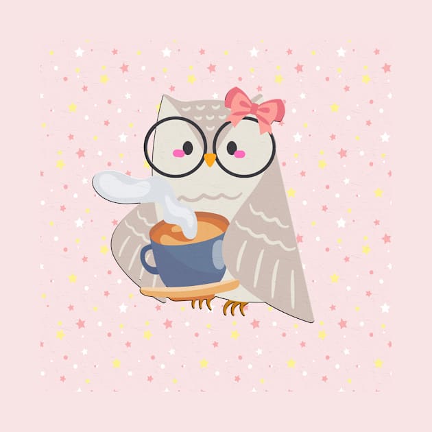 Funny cute owl in pink with coffee and stars by KK-Royal