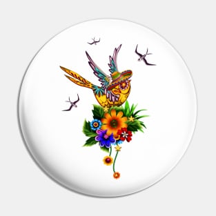 Funny sugar skull bird with hat Pin