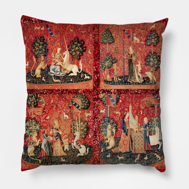 FOUR LADY AND UNICORN STORIES ,Fantasy Flowers,Animals, Red Green Floral Tapestry Pillow by BulganLumini