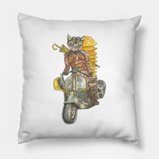 Steampunk Yellow Umbrella Cat Riding Motorcycle Pillow