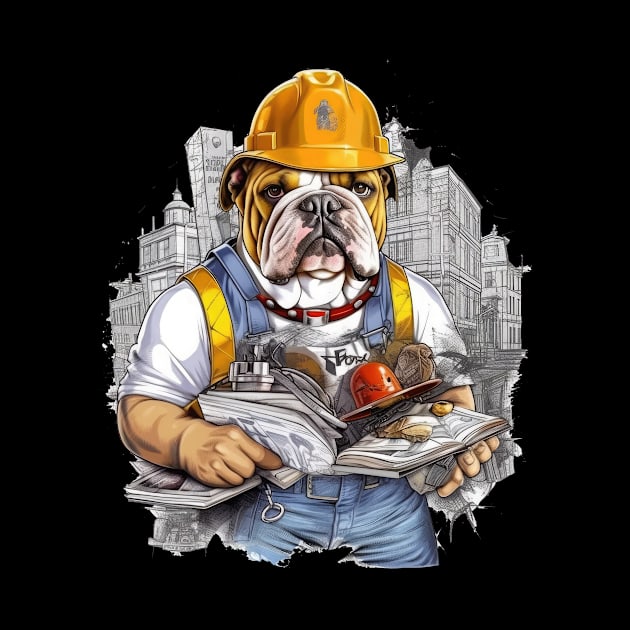 Accountant English Bulldog t-shirt design, a bulldog wearing a hard hat and holding a blueprint by teestore_24