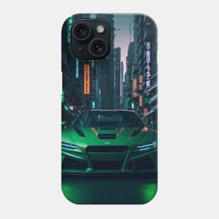 Dark Green Sports Car in Japanese Neon City Phone Case