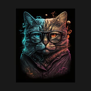 Retro Cat Art Wearing Glasses Splash Abstract Vibe Watercolor Vintage T-Shirt