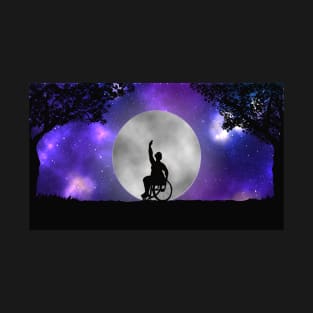 Plus size disabled wheelchair user ballerina dancing before a full moon and galaxy T-Shirt