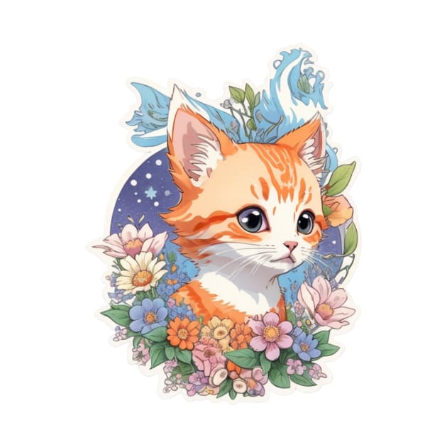 A Print Of Vivid Cute Kitten Cat Head With Fantasy Flowers by BKSMAIL-Shop