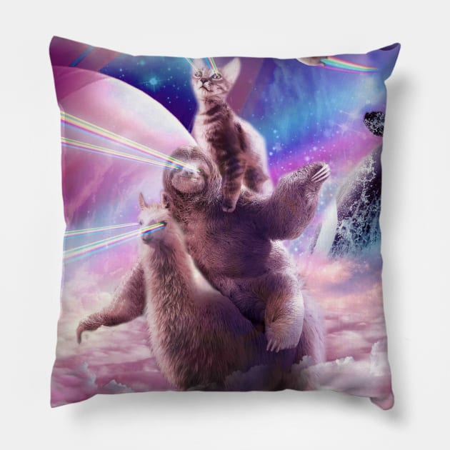 Laser Eyes Space Cat On Sloth Llama - Rainbow Pillow by Random Galaxy